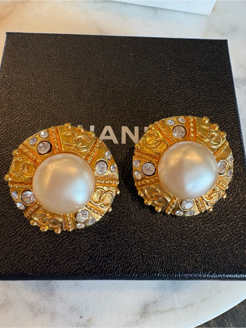 Authentic Vintage Chanel 1993 Gold Pearl Clip-On Earrings with Rhinestones
